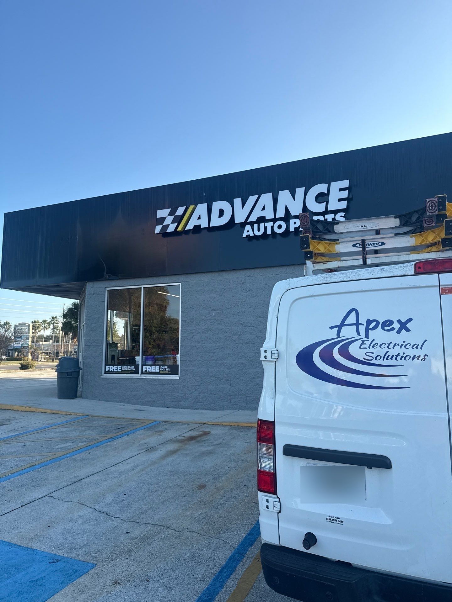 Apex Electrical Solutions vehicle parked at Advance Auto Parts